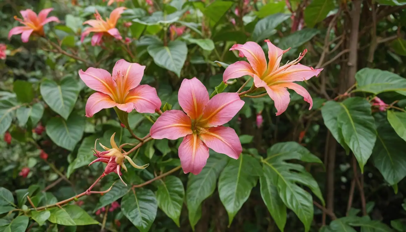 Vines with bright, tubular flowers in shades of pink and orange, against a lush green or yellow background, perhaps featuring tropical leaves or stems with thorns