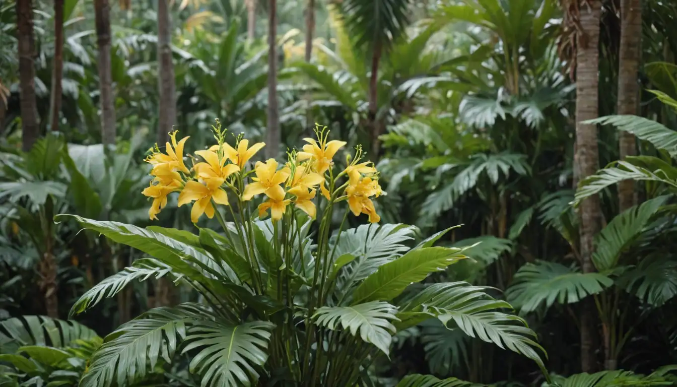 vibrant yellow flowers with intricate details, clusters of blooms on long stems, bright green leaves, and a tropical or subtropical setting with palm trees or lush foliage, possibly a blurred background to emphasize the plant