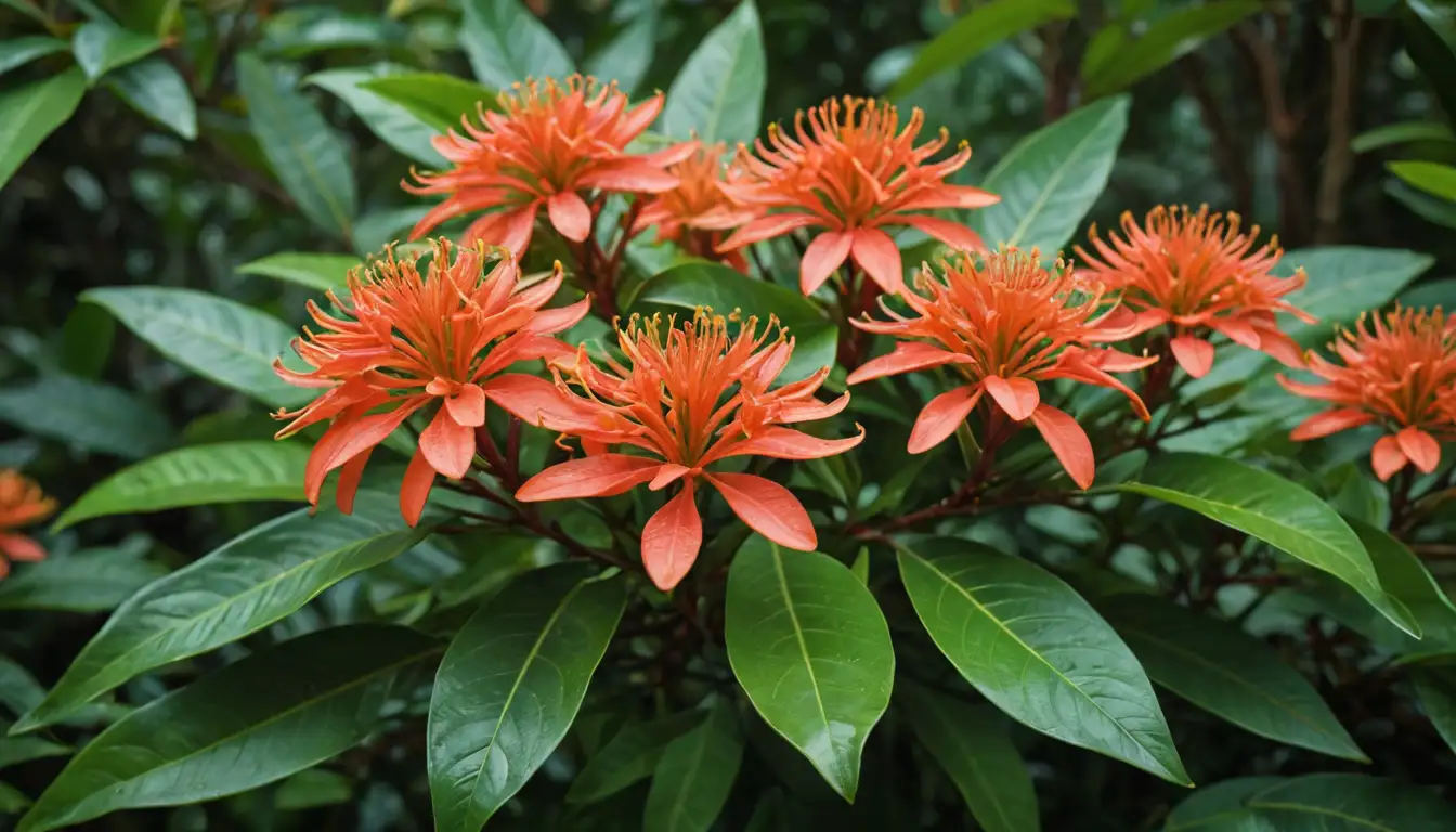 Vibrant orange flowers, dense foliage, tropical leaves, red stamens, delicate stems, bright green background, intricate patterns, Ixora species, botanical illustrations, ornate details