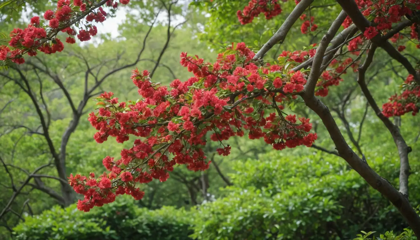 A bright red flowering tree with a vibrant color palette, tall and slender trunk, sprawling branches adorned with clusters of crimson blooms, surrounded by lush green leaves and a soft, sunny background