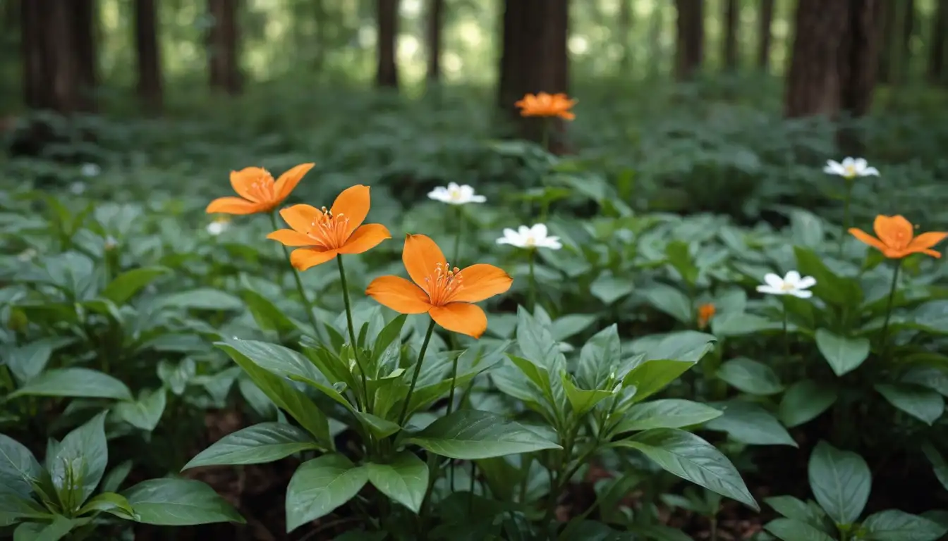 vibrant orange flowers with five petals, long stems adorned with dark green leaves, lush foliage, delicate white flowers in background, natural environment like a garden or forest floor