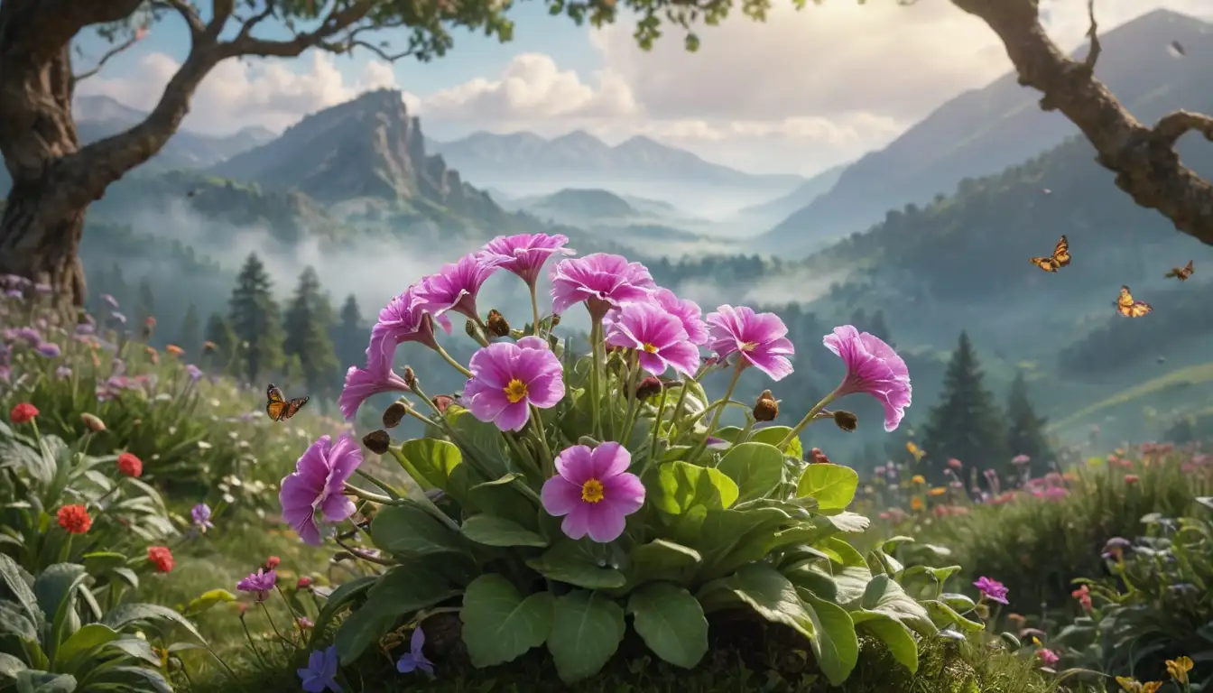 3D illustration of a primula flower surrounded by butterflies, bees, and other pollinators; whimsical clouds with cherubic faces or angels; delicate vines with tiny flowers or berries; a subtle forest landscape in the background with ancient trees and misty mountains