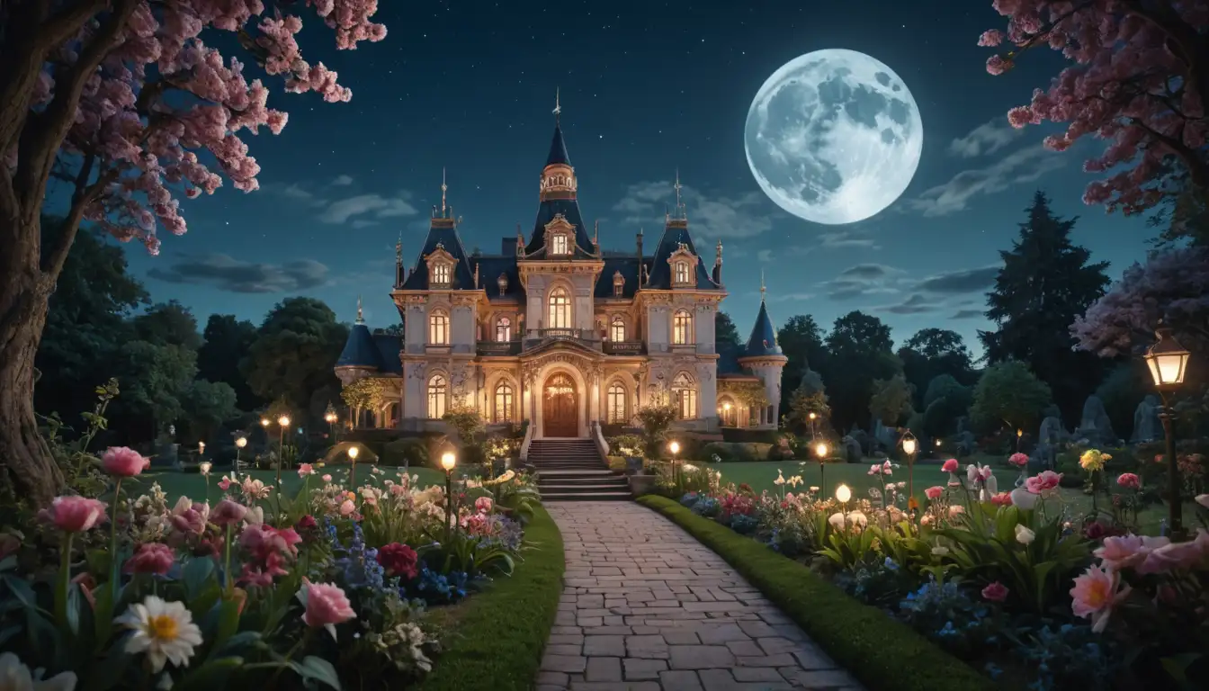 19th-century-inspired illustration, whimsical garden scene, blooming flowers, mythical creatures, fairy tale princess, ornate architecture, moonlit night sky, subtle symbolism