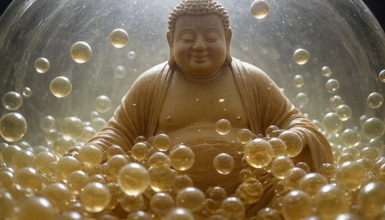 Fermented tea bubbles, SCOBY, tea leaves, healthy gut, immune system, smiling Buddha, kombucha brewing, fermentation process, probiotics, beneficial bacteria, refreshing beverage