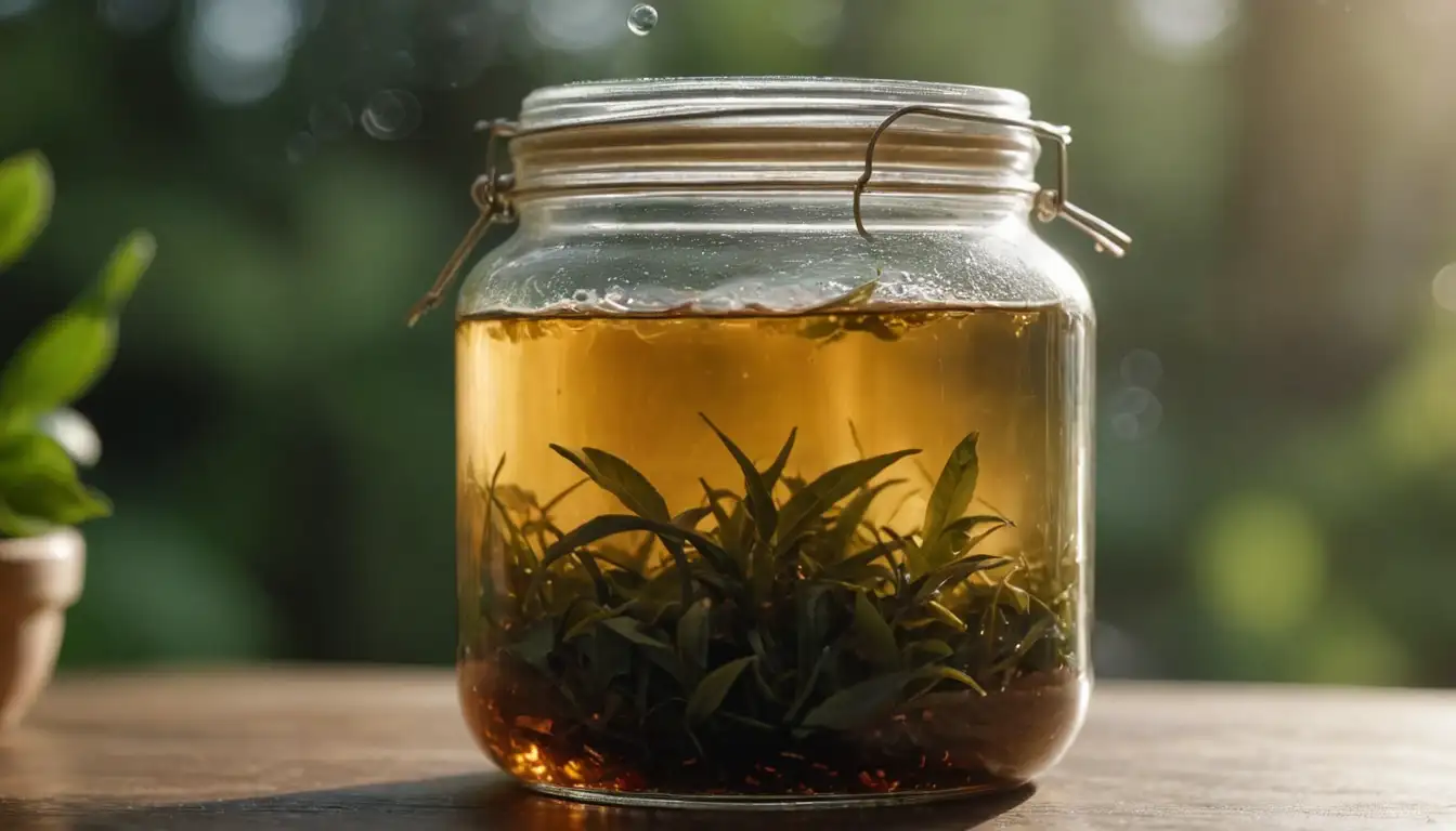 glass jar, fermentation process, tea leaves, SCOBY, cloudy liquid, bubbles rising, strings or slimy texture, warm light, background blur