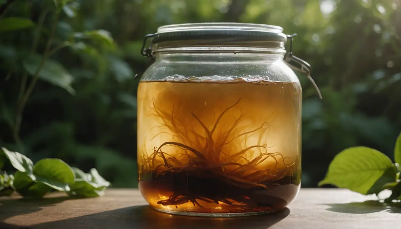 A glass jar with a SCOBY submerged in fermented tea liquid, surrounded by lush greenery, and featuring a few floating strands of hair, with a subtle glow emanating from within