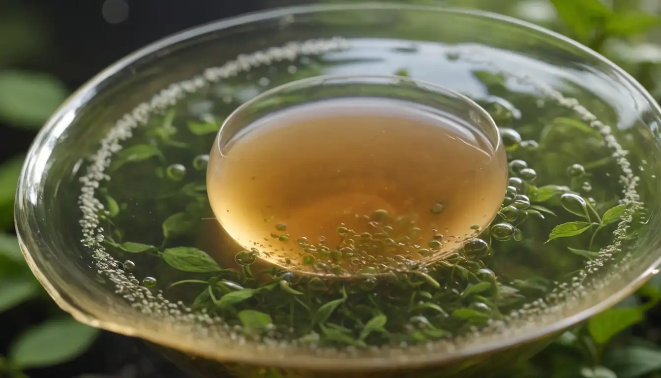 Bubbles floating, Fermented tea liquid swirling, Tea leaves scattered, Fuzzy SCOBY floating, Blurry background hinting at natural environment