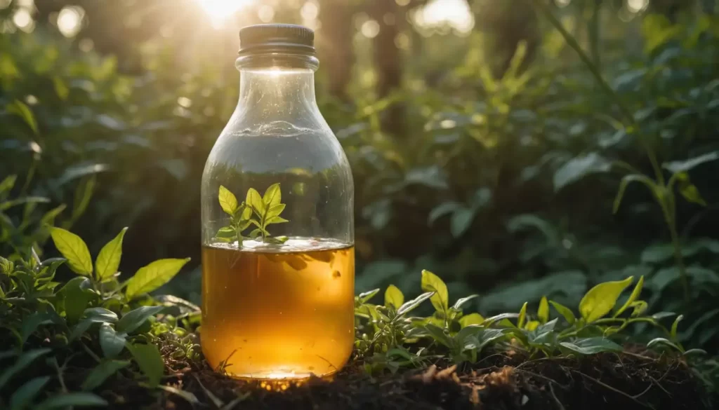 A glass bottle with a SCOBY floating on its surface