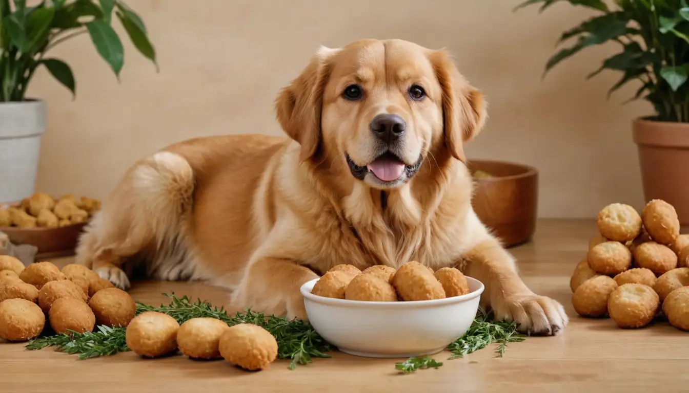2-3 large-sized dog breeds, golden coat, brown eyes, playful paws, relaxed pose, eating from a bowl with croquettes of varying sizes, on a wooden or beige background, possibly with some greenery or a simple pattern