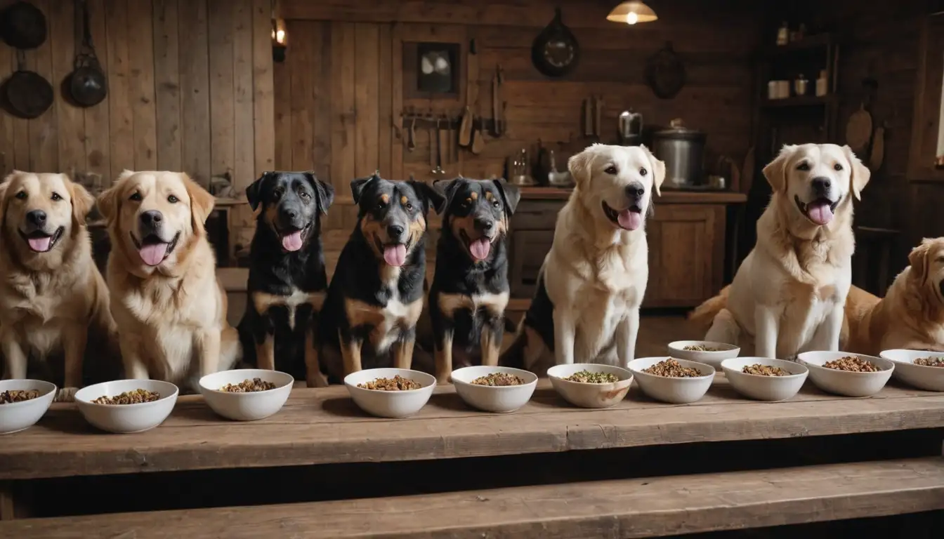 2-3 large dogs, different breeds, various sizes, eating from bowls, healthy skin and coats, happy expressions, mixed breed backgrounds, rustic settings, wooden tables, natural environments, minimal human presence