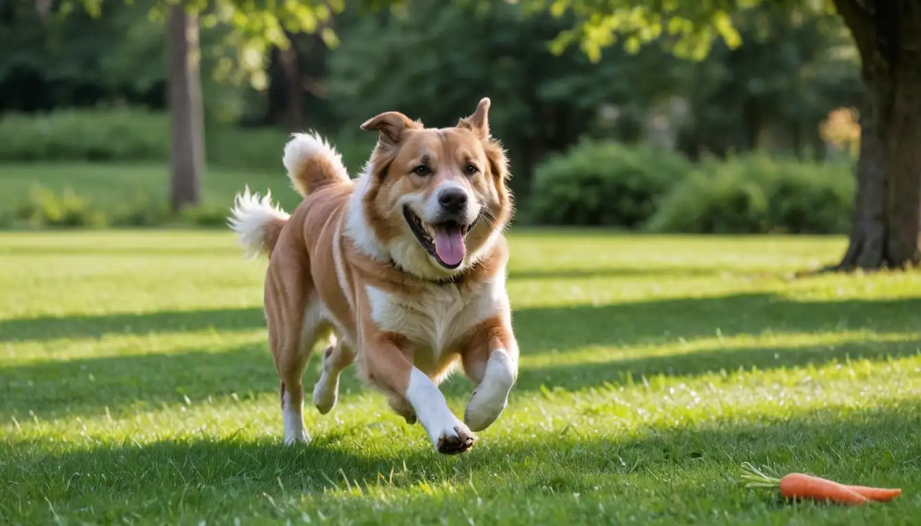 A happy, energetic large breed dog in a natural setting, such as a park or backyard, with lush green grass and perhaps some trees, playing fetch or running freely, surrounded by some healthy snacks like carrots or apples, highlighting its shiny coat and strong physique