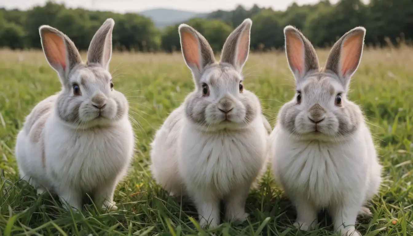 2-3 rabbits in varied poses, fluffy fur, big eyes, twitching whiskers, soft grass background, natural environment, outdoors, sunny or cloudy sky, minimal human presence