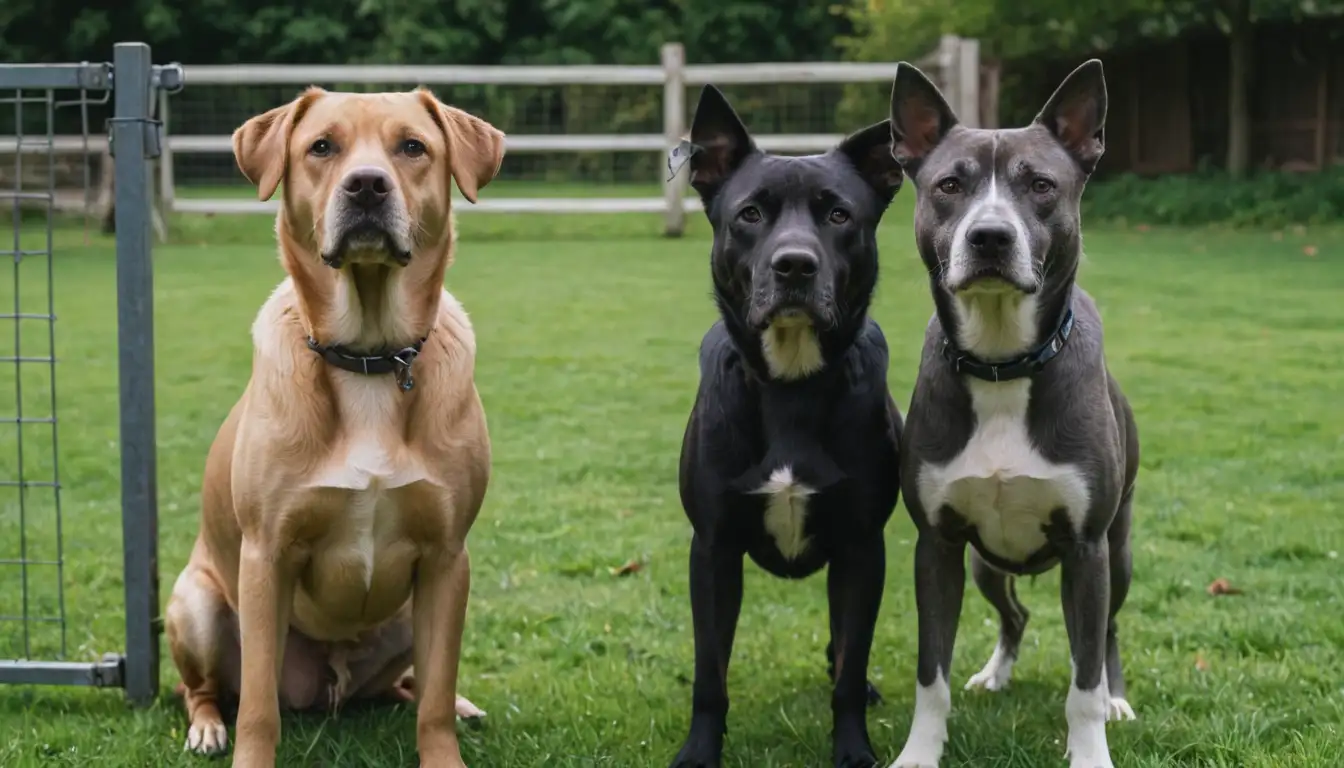2 dogs standing next to each other, owner in background with concerned expression, fence or gate between them, green grass or outdoor setting