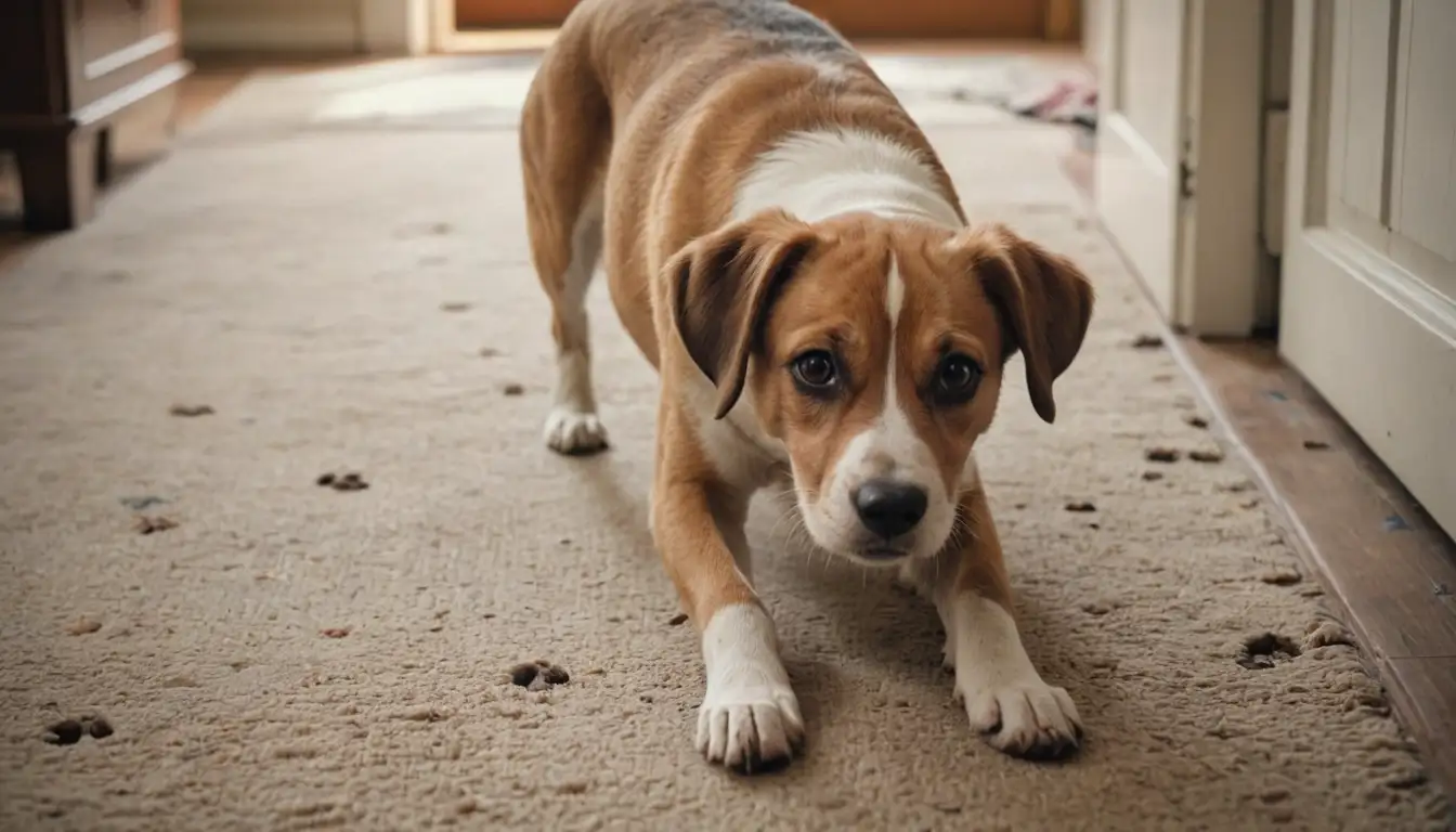 A curious dog standing, doorframe, carpet, messy area, paw prints, dirt, stains, chaos, furry friend, messy homeowner, unsavory scene