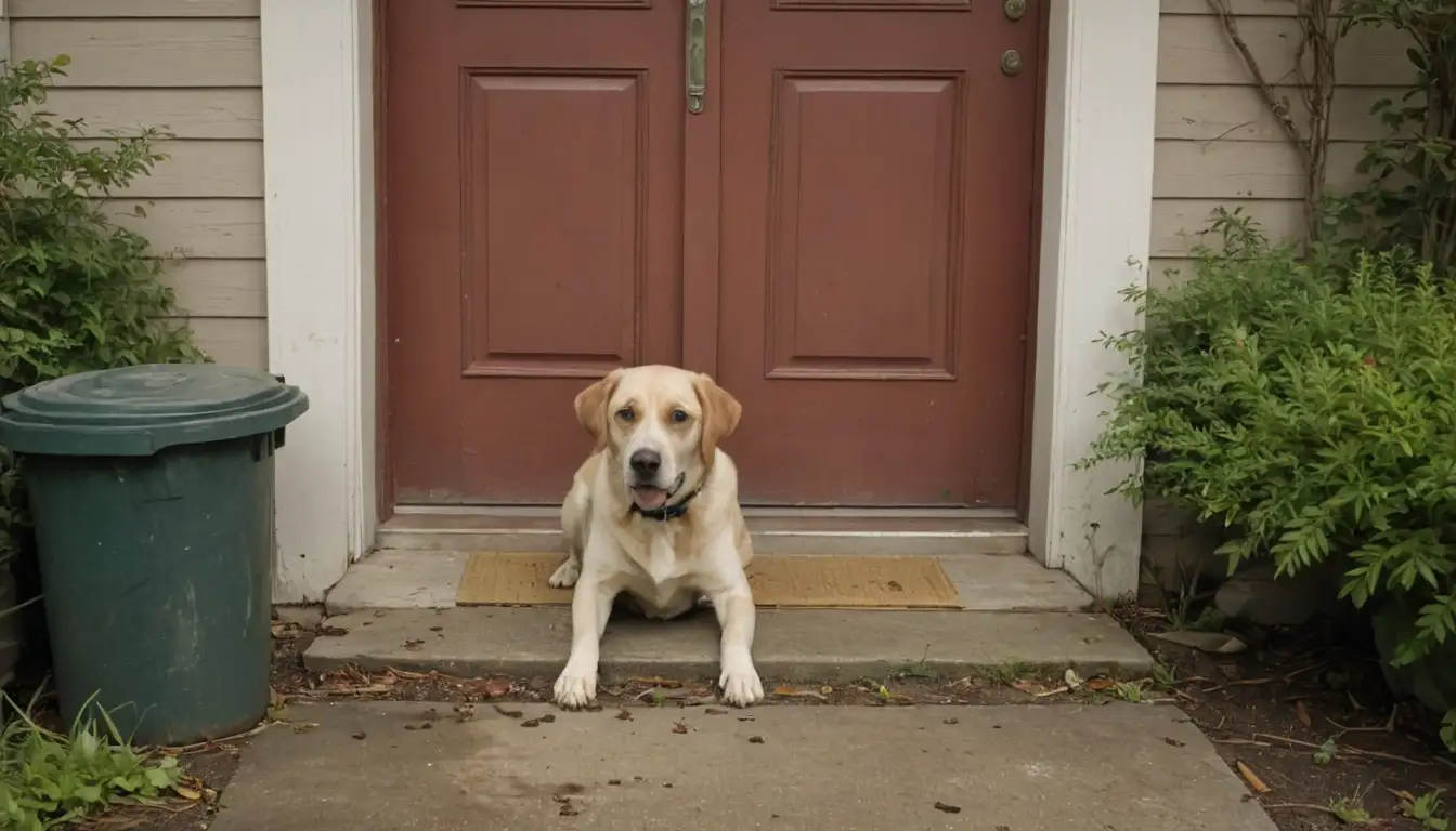 A messy front door with dog poop, a disappointed-looking pet, and its owner in the background, distressed expression, unsightly stains on floor and wall, overflowing trash can, and nearby trees or plants overgrown with weeds, symbolizing neglect