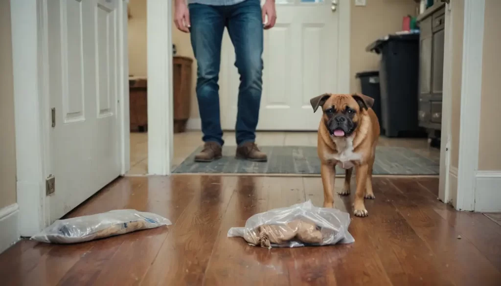 Unhappy dog standing at a door
