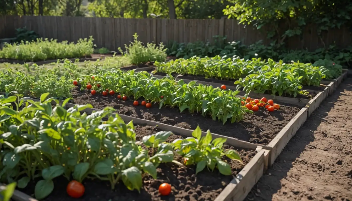 Growing plants with soil, warm sun, and greenery, showcasing rows of tomato plants, peppers, and other spring crops in a garden bed, possibly with some scattered mulch or rocks, and a subtle background of trees or fence