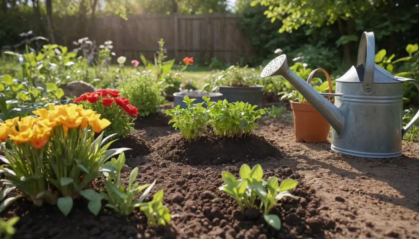 Garden tools, soil, seedlings, flowers, vegetables, sunshine, blooming trees, greenery, growth stages, farm animals, garden beds, watering can, sprouting seeds, new life, seasonal transition, fresh starts, March theme, nature scenes
