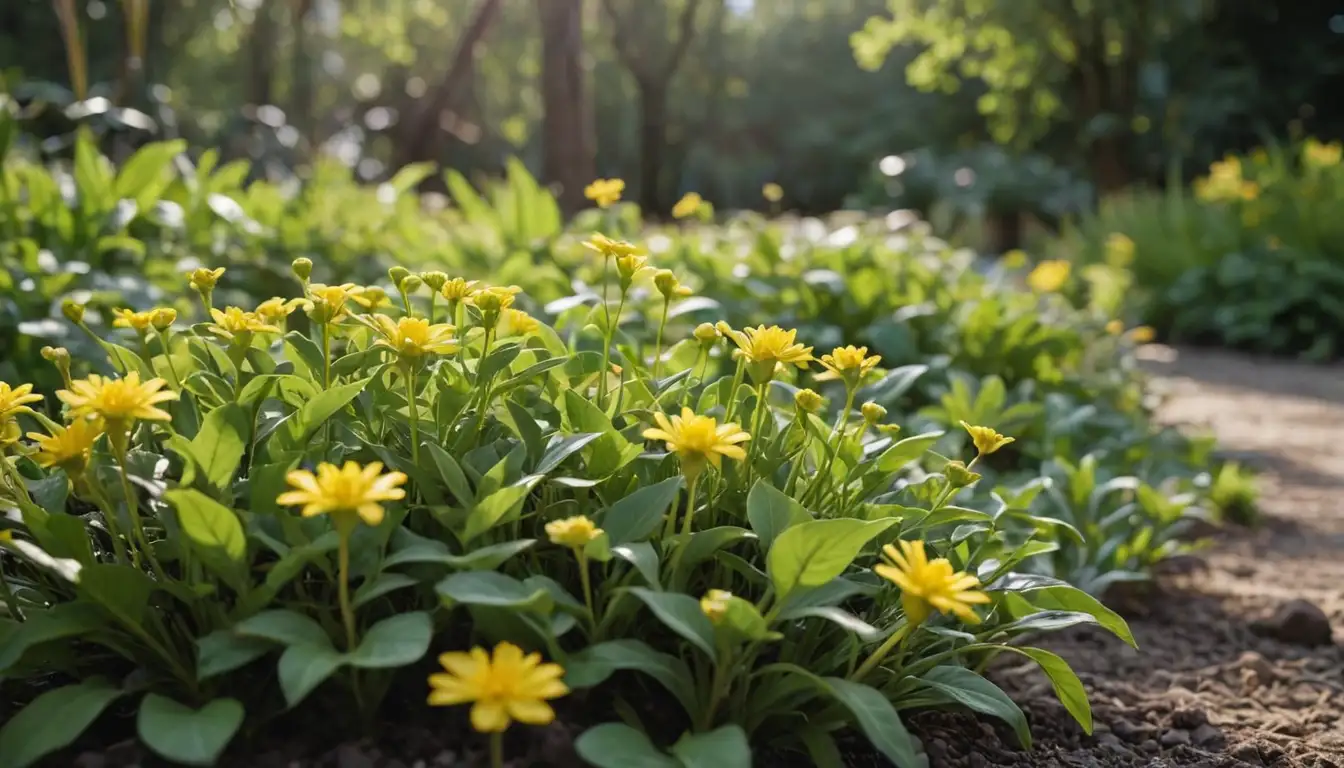 bright green leaves, delicate stems, yellow flowers, garden bed, sunlight, soil, tiny plants, gentle growth, fresh start