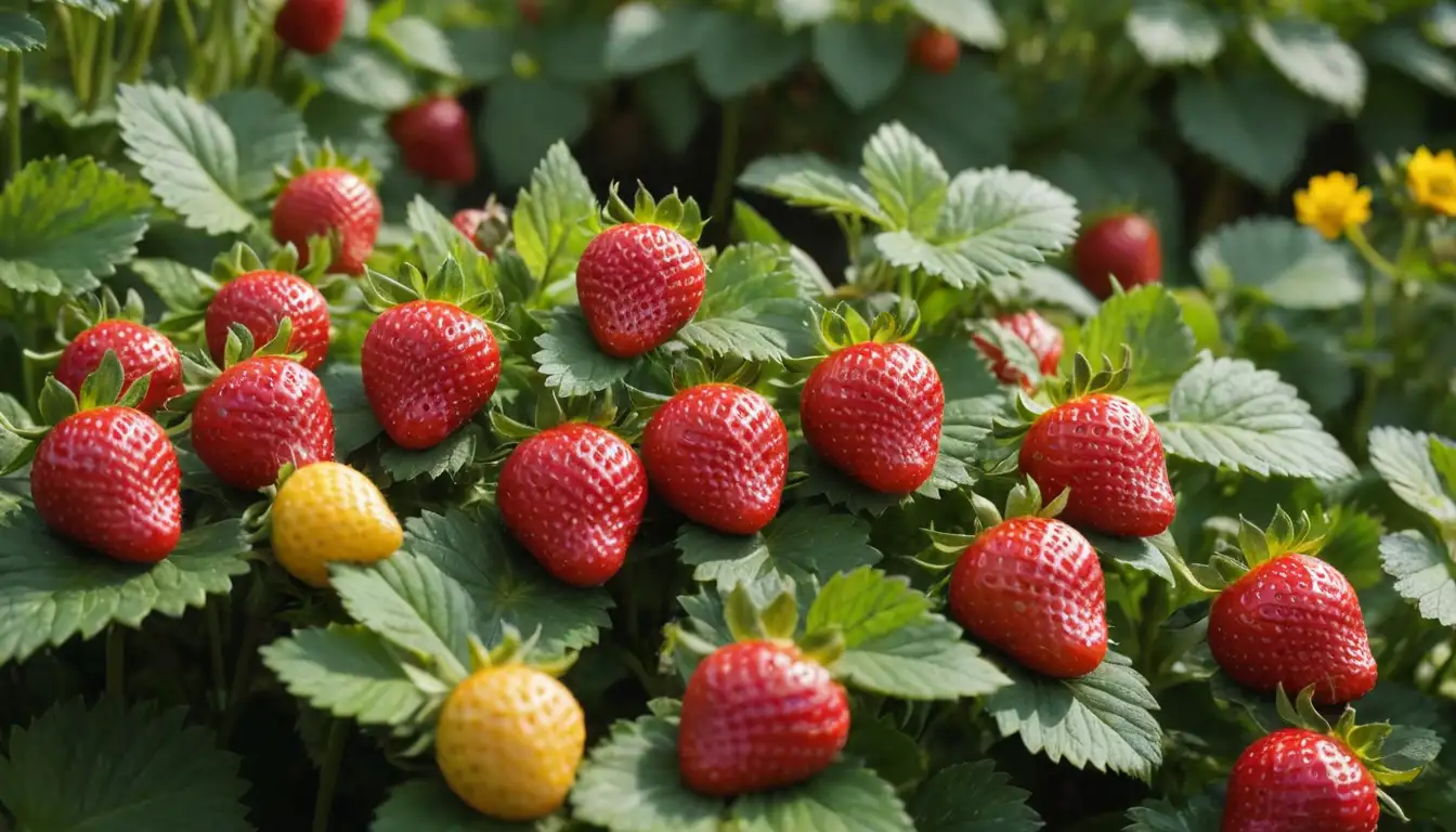 3-5 ripe strawberries, green leaves, and vibrant flowers, possibly a sunny yellow or orange background, a few juicy strawberry plants growing around the edges, maybe some blurred or out-of-focus stems in the distance, fresh and lush overall appearance, appealing to grow ones own strawberries
