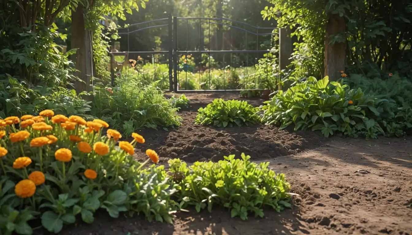 Garden bed, soil preparation, tools, marigolds, lettuce, carrots, green sprouts, fertile ground, sunlight filtering through trees, garden gate, serene atmosphere, blooming flowers, lush foliage