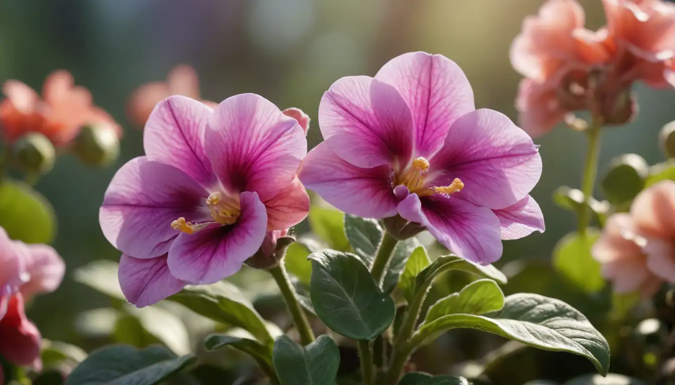 3D flowers, vibrant colors, Siningia and Gloxinia blooms, soft focus, blurred background, warm lighting, gentle shadows, delicate petals