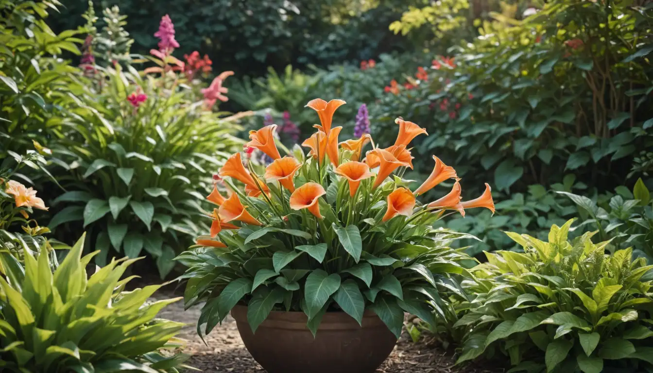 Vibrant trumpet-shaped flowers, lush green leaves, delicate stems, sunlit garden scene, botanical illustration, colorful blooms, garden containers, and a few decorative elements