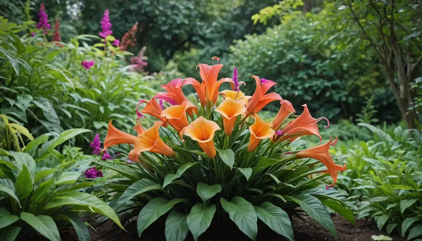 Vibrant flowers, lush greenery, trumpet-shaped blooms, colorful foliage, natural settings, garden scenes, botanical illustrations, whimsical designs, abstract artistry