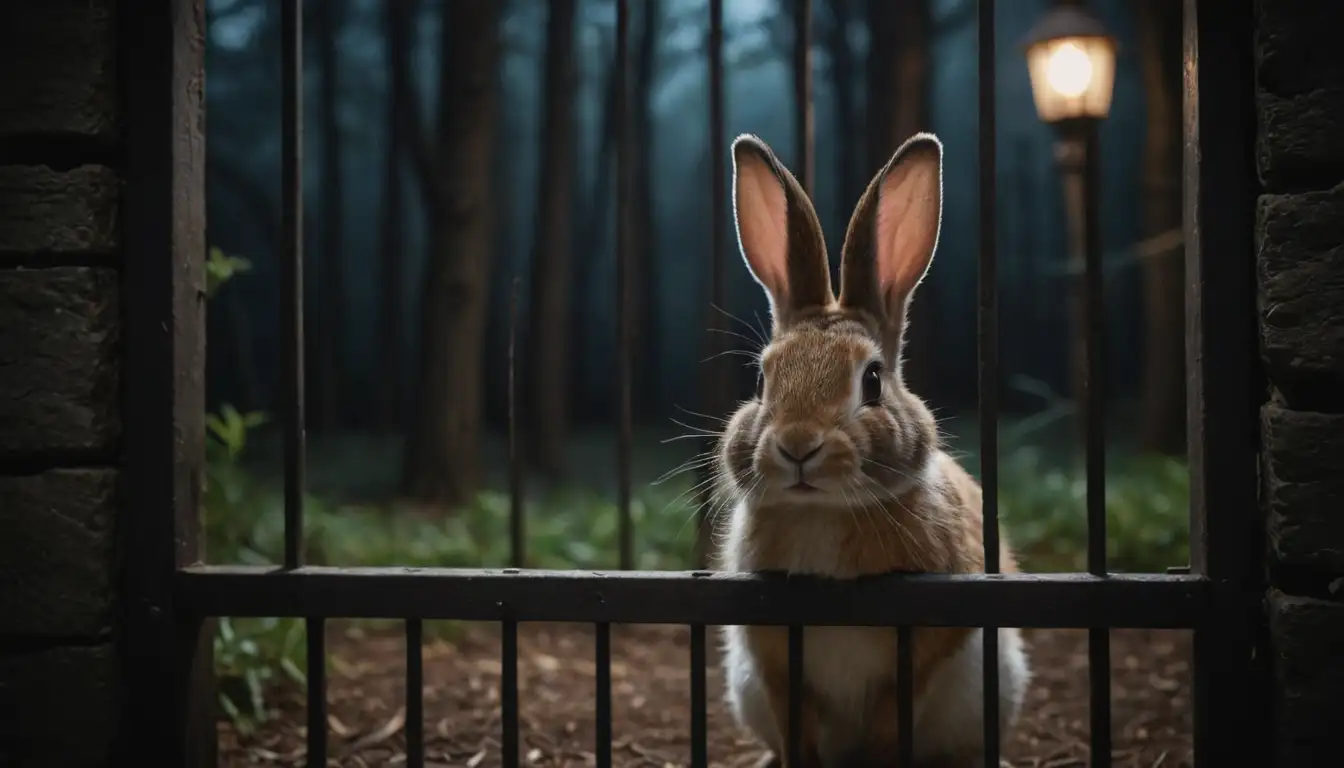 Moonlit rabbit enclosure, whimsical nighttime scene, soft glow from lanterns, dark forest shadows, rabbit peeking out, curious gaze, hiding behind bars, subtle smile, mysterious atmosphere, soft focus, dreamy quality