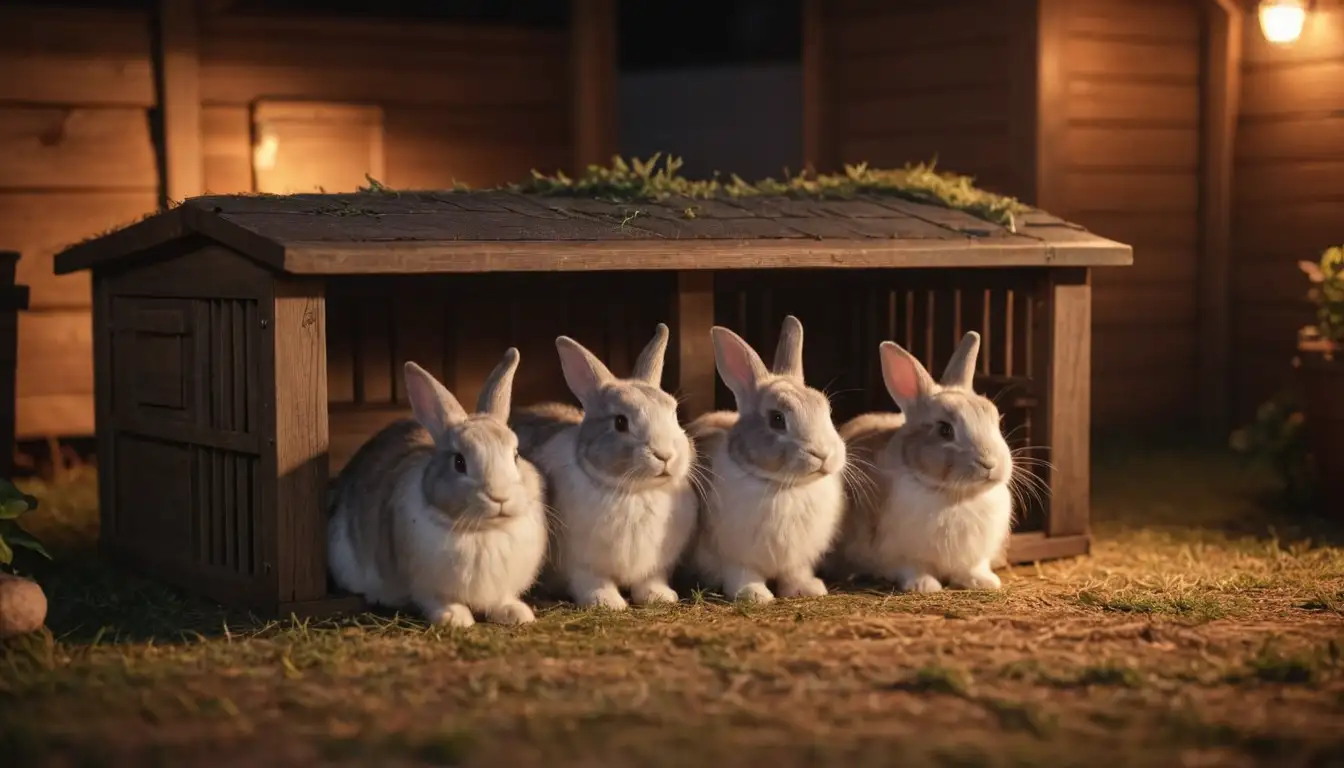 3D rendering, nighttime scene, a cozy rabbit hutch, fluffy rabbits snuggled up, warm light source, soft glow, gentle shadows, peaceful atmosphere