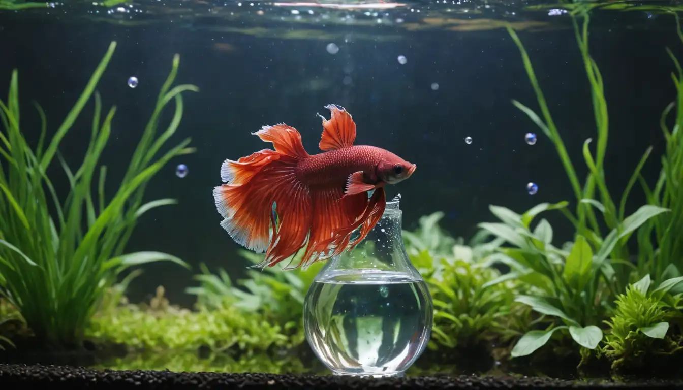 Vase, decorative, colorful aquatic plants, tranquil water, few bubbles rising, fish swimming freely, Betta species diversity, unique finnage patterns, iridescent scales, long flowing tails