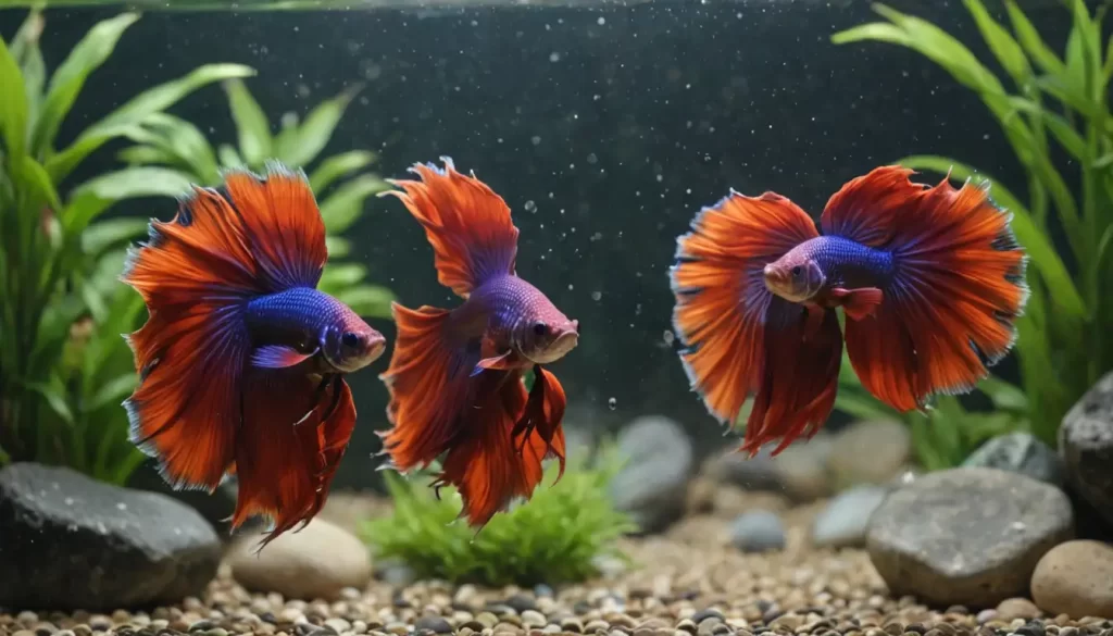 5-7 vibrant colored betta fish swimming together