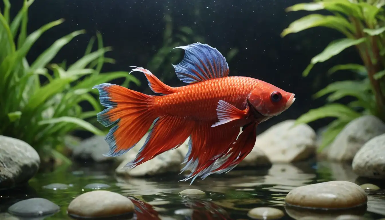 4-6 colorful betta fish, various shapes and fins, swimming or floating among marble-like stones, with green plants, water ripples, and soft lighting