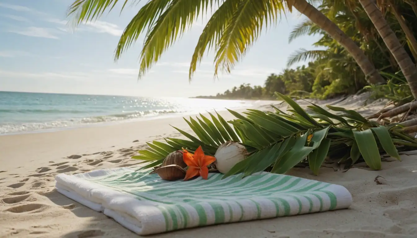 Palm fronds, tropical leaves, white sandy beach, warm sunlight, palm trees with different trunk shapes and sizes, greenery, brown soil, wooden planks, coconut shells, seashells, beach towels, colorful flowers, sunny sky