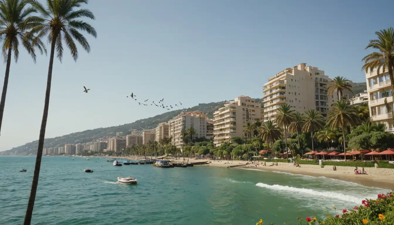 palm trees swaying in a sunny Mediterranean coast, waves gently lapping at the shore, beachgoers and buildings blending together in the background; lush greenery with tall palms, vibrant flowers, and birds flying overhead, Manilas cityscape with skyscrapers and boats docked on the riverbank