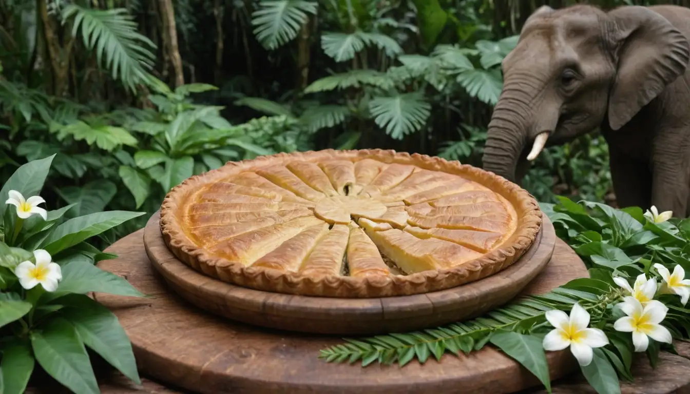 A large, golden-brown yuca pie with a flaky crust, sliced into thick wedges; a few slices arranged on a rustic wooden plate, surrounded by fresh green leaves and vibrant Amazonian flowers; a couple of elephants, perhaps in the background, enjoying the treat amidst lush tropical foliage