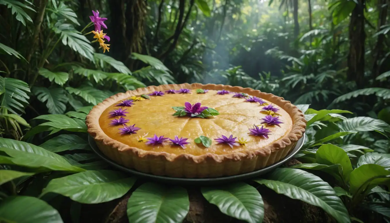 3D-rendered yuca pie with crispy, golden crust, surrounded by lush Amazonian foliage, featuring vibrant green leaves and exotic flowers, a hint of misty rainforest atmosphere
