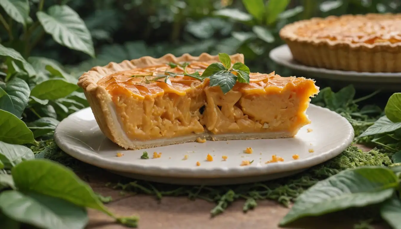 slice of yellow-orange elephant yam pie with flaky crust, surrounded by lush greenery, warm golden light, and scattered exotic leaves, with a few slices cut out to reveal creamy filling
